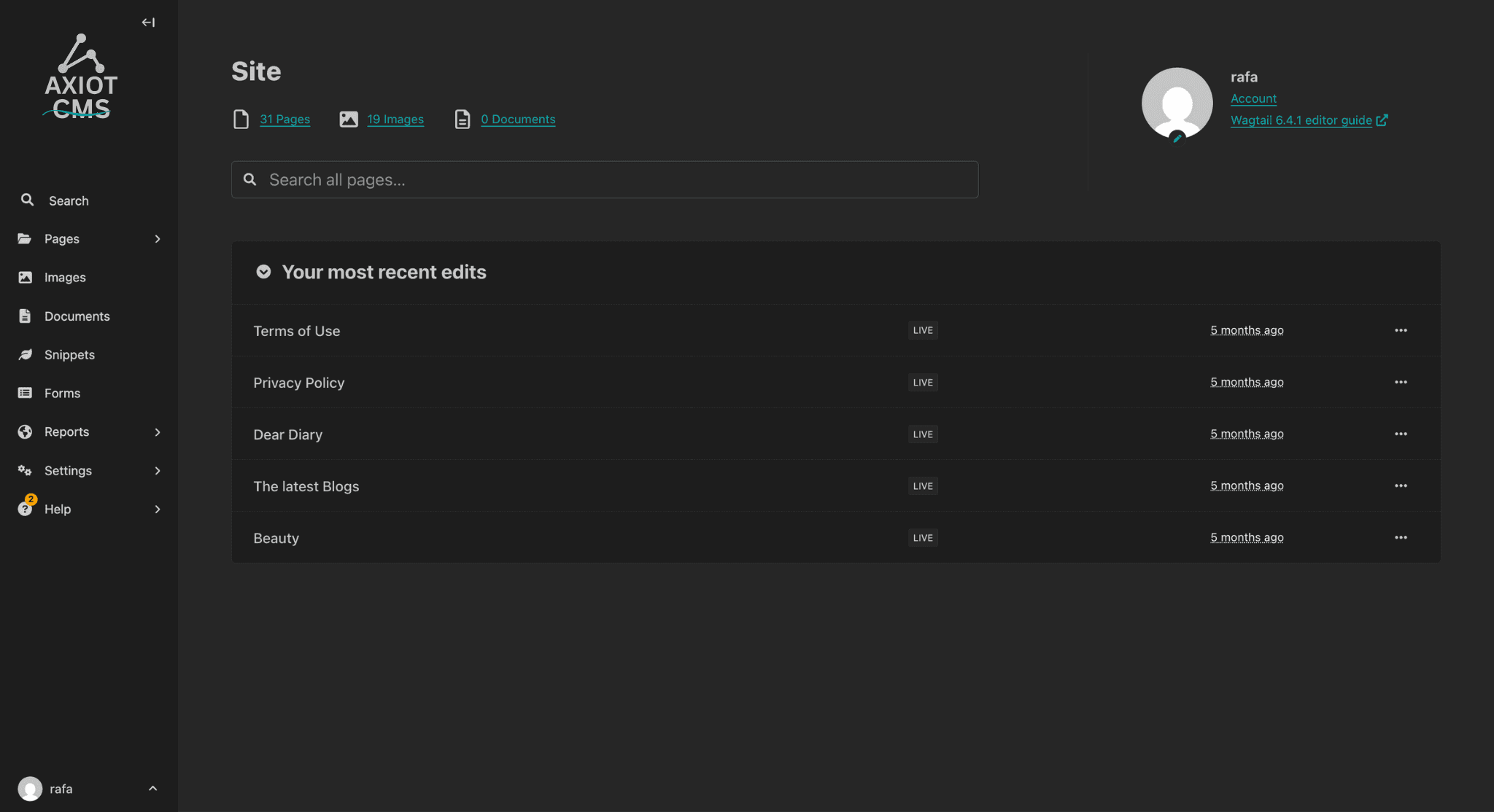 CMS dashboard showing page management tools