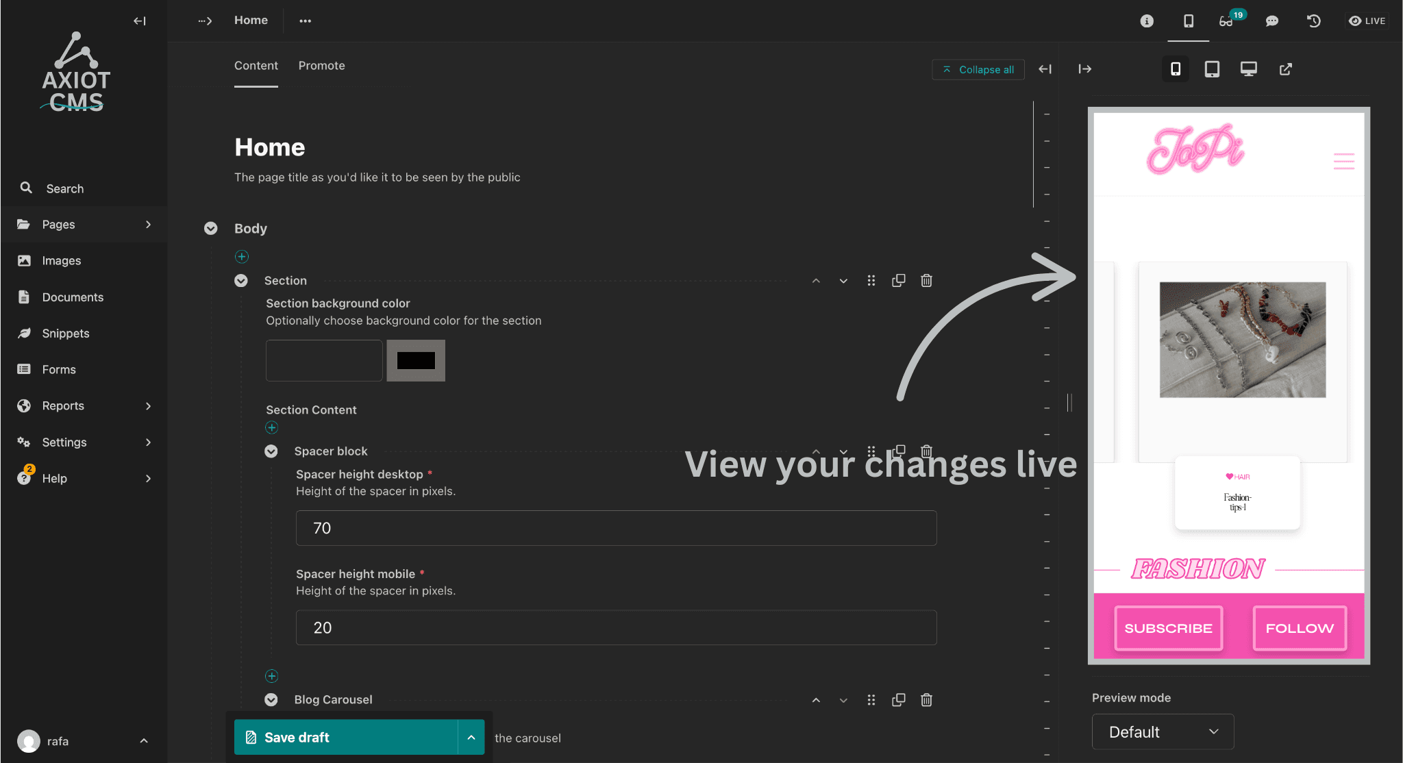 CMS preview mode displaying content changes